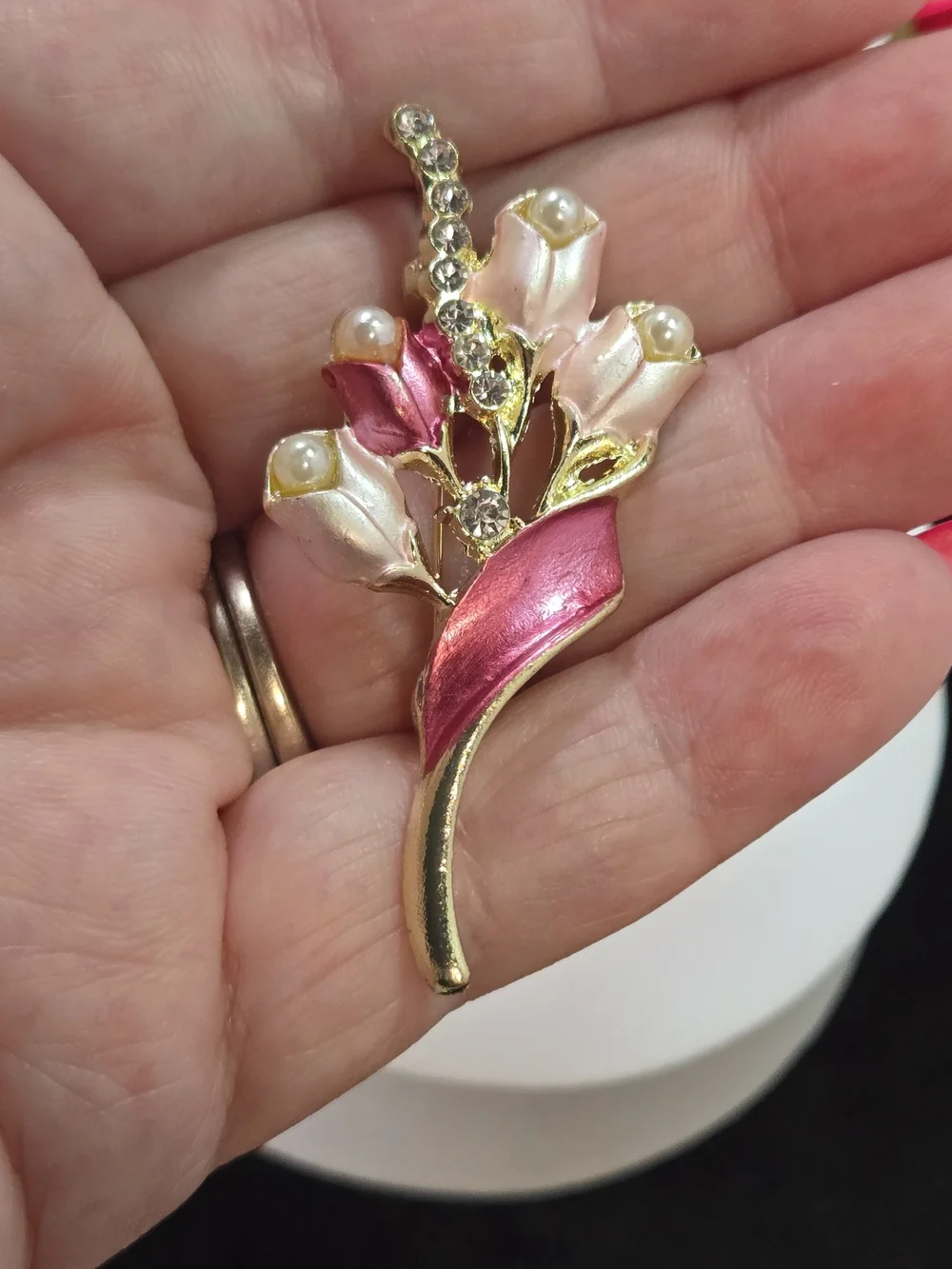 Pink Tulip Bouquet Brooch Pearl Crystal Gold Floral Coquette Pin Garden Chic